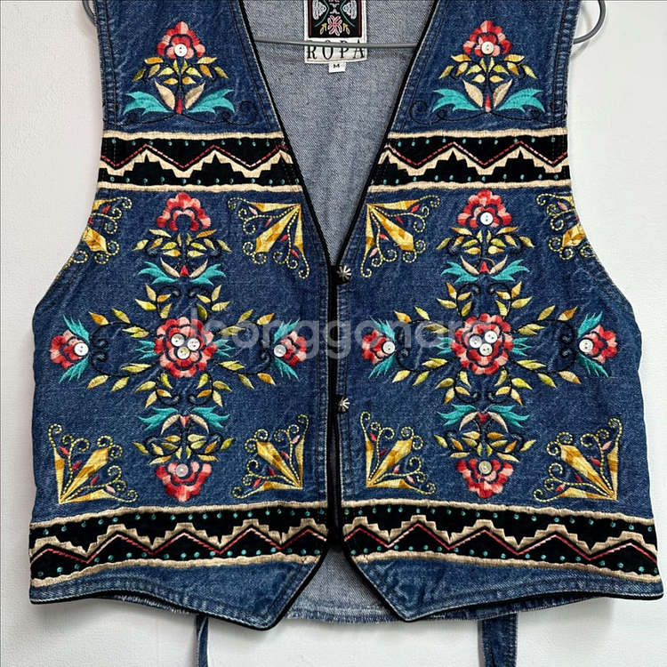 90s ROPA 에스닉 플로럴 자수 데님 베스트 조끼--2