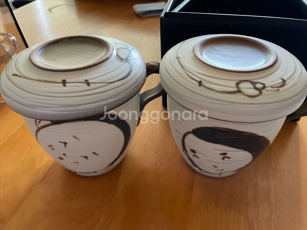 이천도자기 토비 분청남매문 2인뚜껑머그컵--1