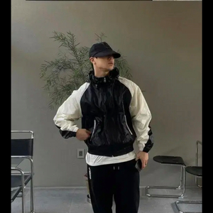 배색 후드 자켓 차콜