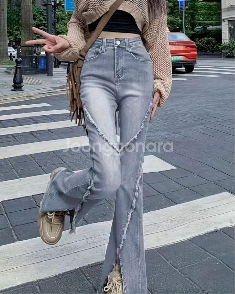 앞절개 하이웨스트 데님 바지--0