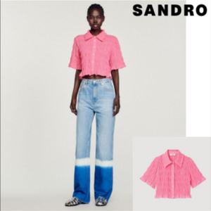 산드로 핑크 체크 크롭 블라우스 새상품