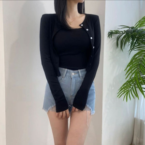 데일리 심플 베이직 골지 크롭 착붙 긴팔 가디건 블랙