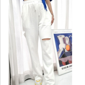 키작녀 숏 트임 바지 코튼 컷팅 와이드 밴딩 트레이닝