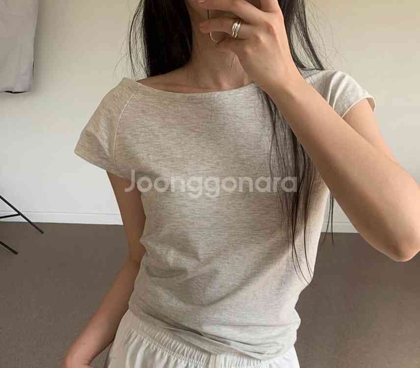 란도네 아이보리 보트넥 반팔티--0