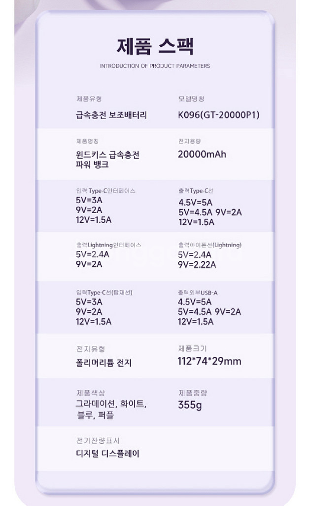 보조 배터리 대용량 20000mA/ RUQ009--9