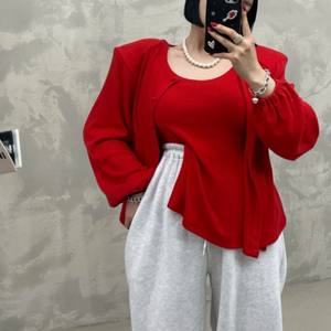 (새상품) 레드 투웨이 나시+가디건 투피스세트