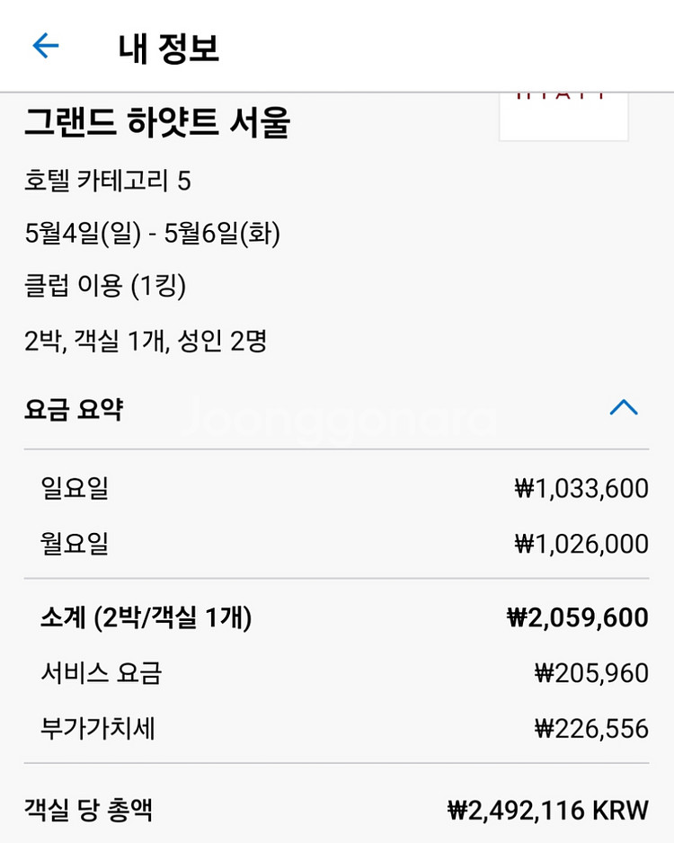 5.4~5.6 그랜드하얏트서울 호텔 클럽룸--1