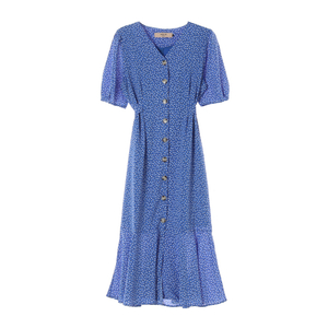 [S]나인 블루 패턴 브이넥 반팔 플레어 롱 원피스