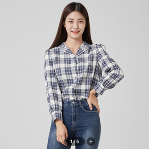새상품) 로엠 볼륨소매 체크셔츠 화이트 네이비 블라우스