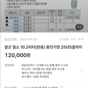 질소 10.2리터 완충 충전기한 26 7월까지