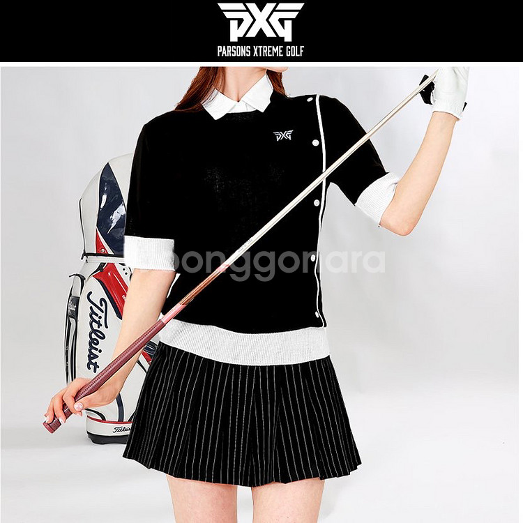 PXG 골프웨어 여성 옆단추 5부 라운드 반팔 니트--0