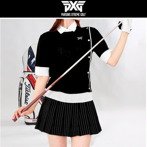 PXG 골프웨어 여성 옆단추 5부 라운드 반팔 니트