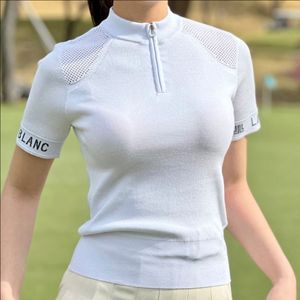 랑방블랑 골프 우먼 로고 자카드 하프 집업 니트 탑