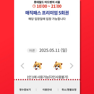 5월11일(일)롯데월드 매직패스 5회권