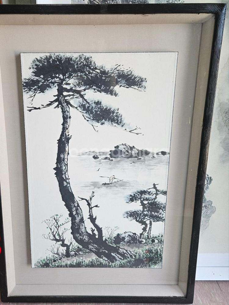 수묵화 소나무 바다 그림 액자 가로63cm 세로91cm--0