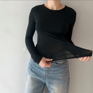 블랙 시스루 기본 긴팔티셔츠 면 코튼 라운드넥 쭉티
