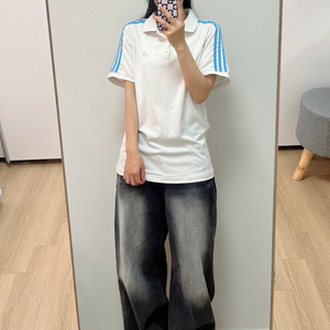 아디다스 화이트 스카이블루 삼선 반팔 카라티