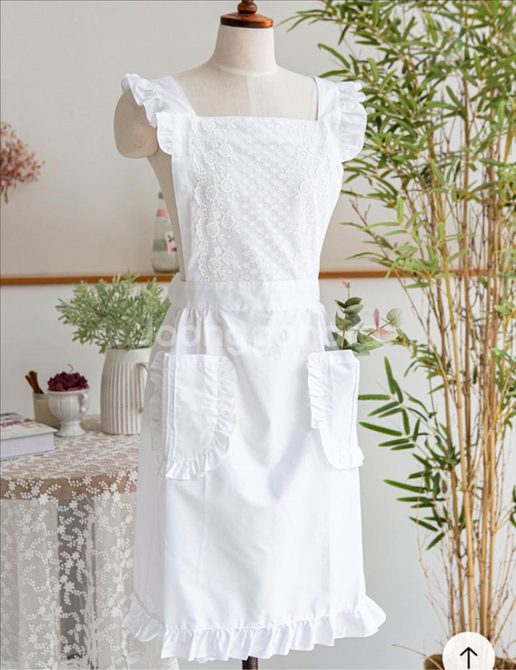 레이스 프릴 화이트 앞치마 공주풍 신혼 카페 미착용--0