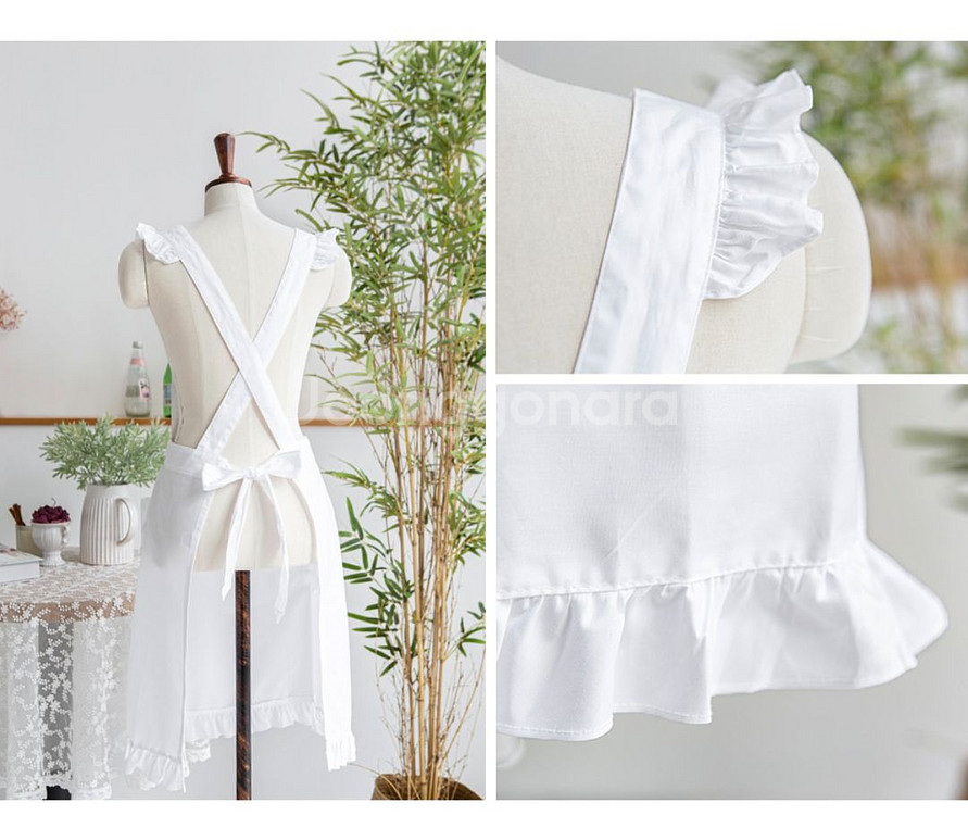 레이스 프릴 화이트 앞치마 공주풍 신혼 카페 미착용--2