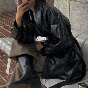 트리밍버드 레더 하프 트렌치 코트 가죽 자켓 블랙
