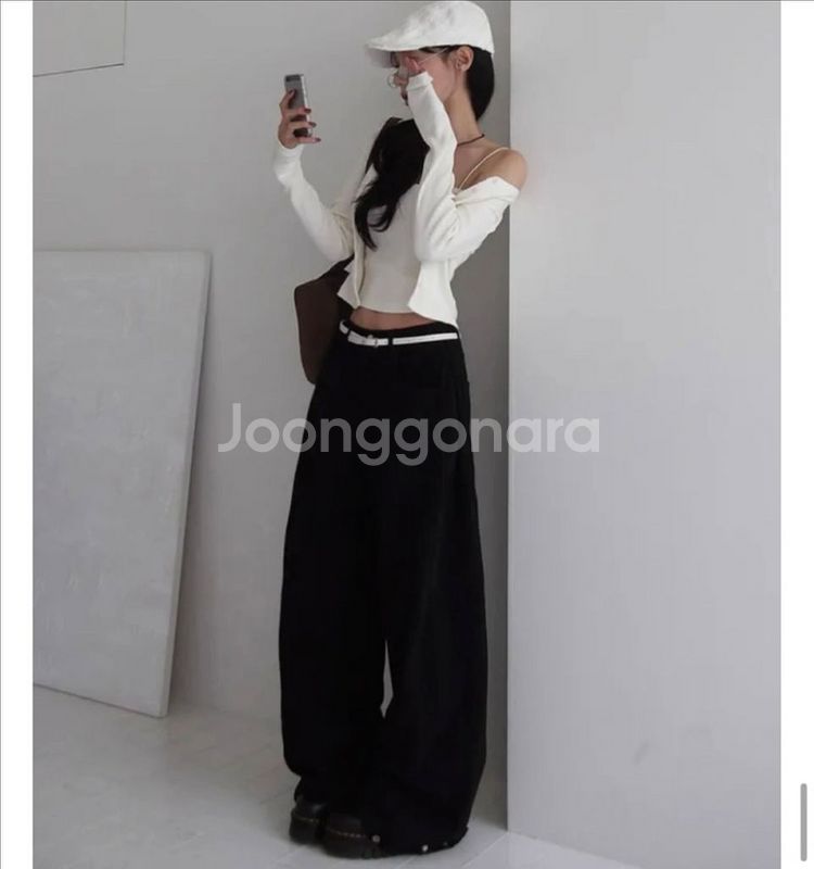 모디무드 사이드 스냅 와이드 코튼 핀턱팬츠--0