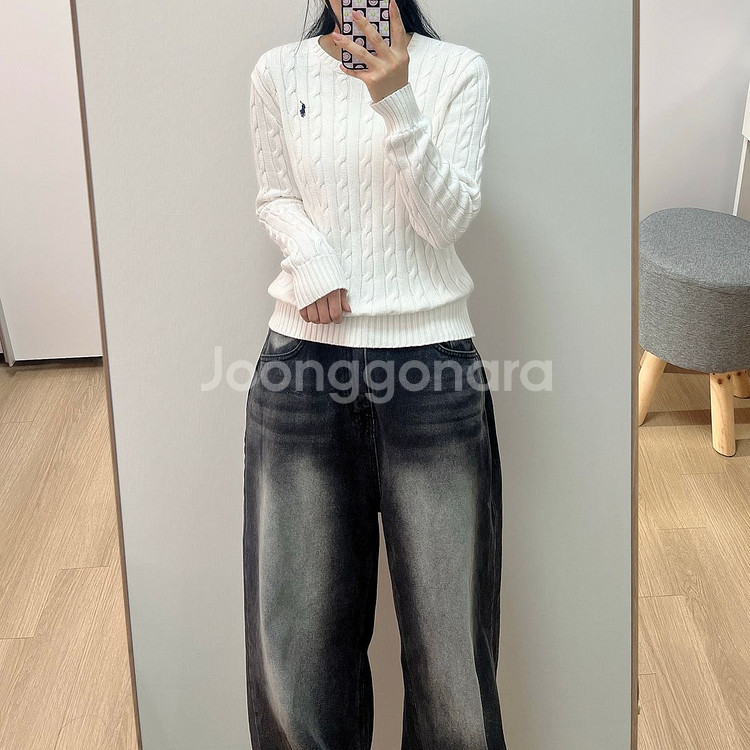 폴로 랄프로렌 네이비 포니 화이트 케이블 꽈배기 니트--0