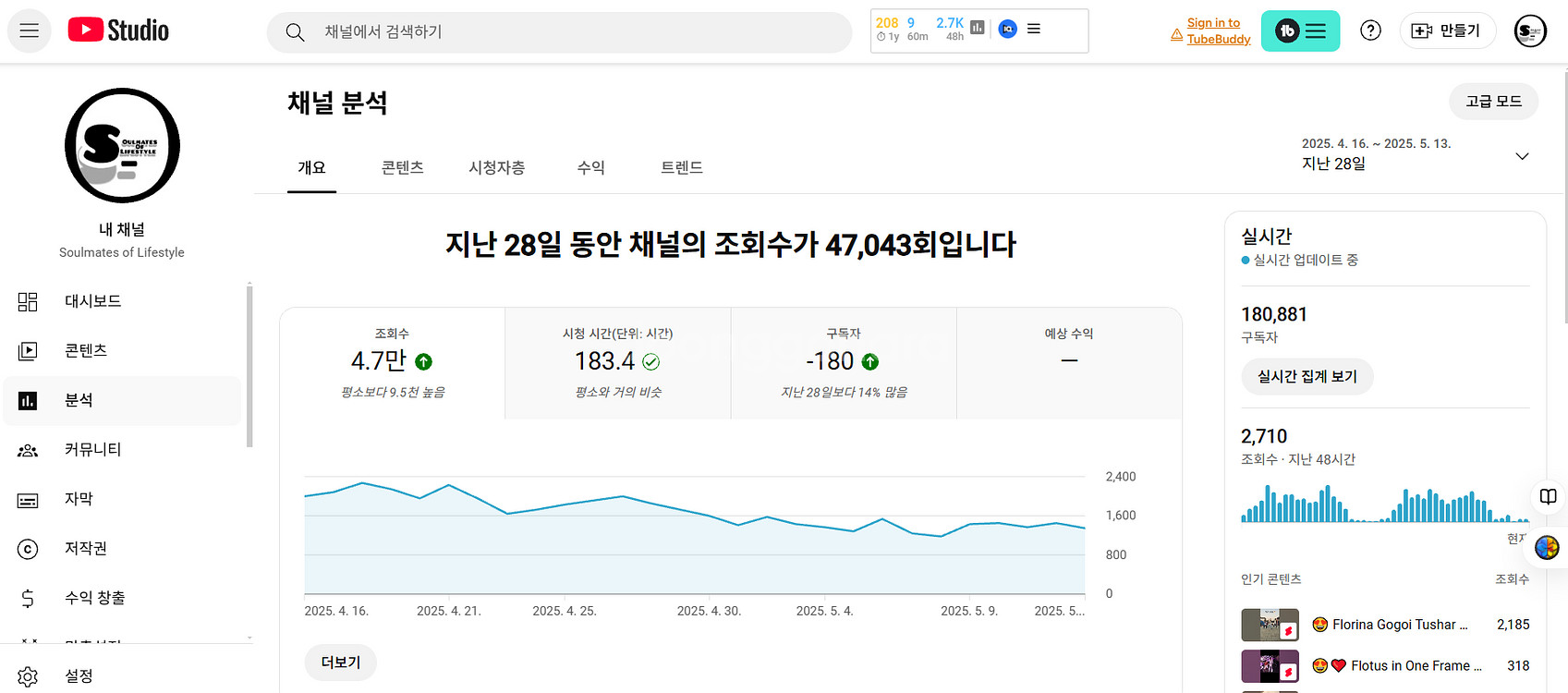 유튜브 채널 판매, 구독자 18만 해외채널+인증마크--1