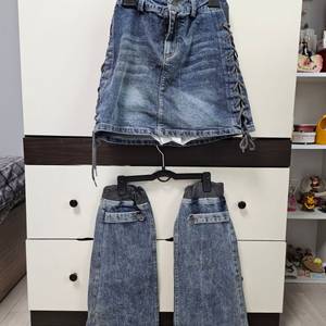 데님 청 레그워머 스커트 세트