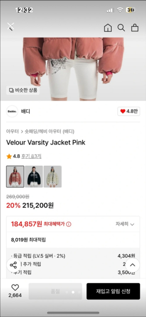 배디 핑크 벨벳 패딩 무신사--1