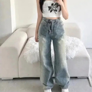 와이드 중청바지 빈티지 워싱 청바지 S