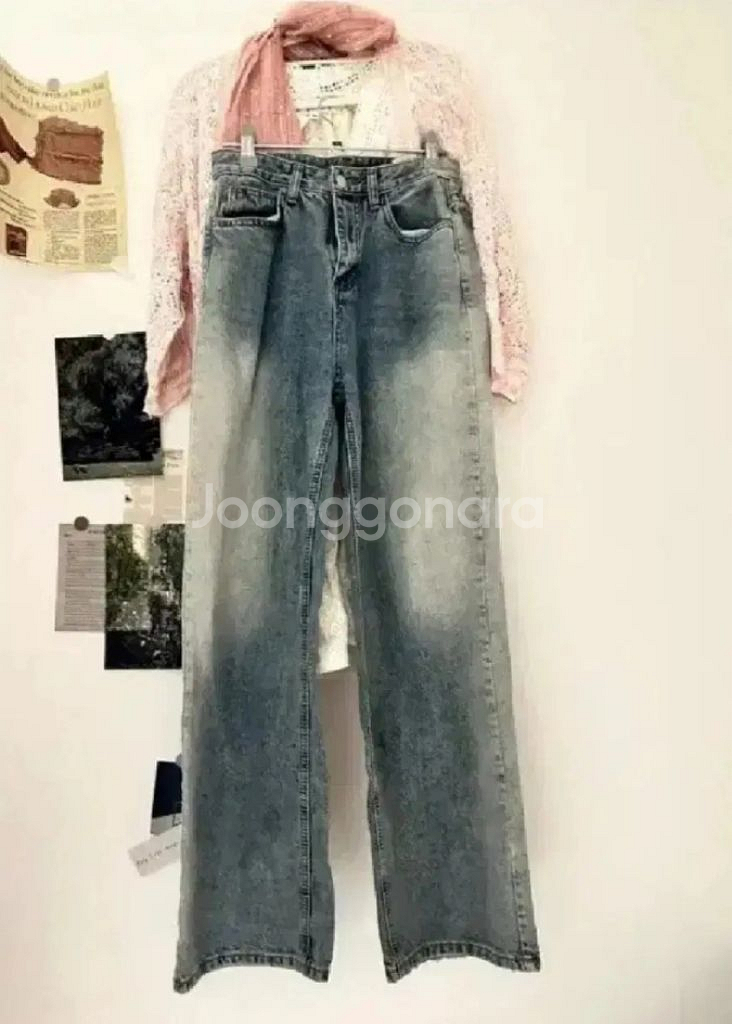 와이드 중청바지 빈티지 워싱 청바지 S--1
