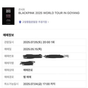 블랙핑크 콘서트 고양 7/5 토요일 B석 2연석 N9