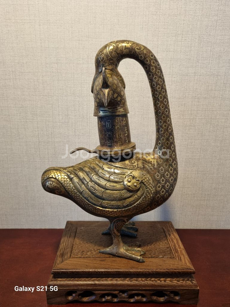 중국 황실 적동 금채 오리 유등 램프- 높이 33cm--1