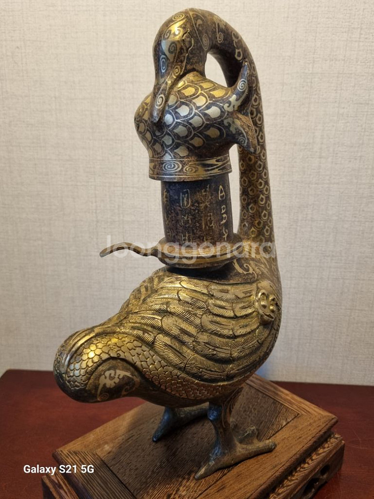중국 황실 적동 금채 오리 유등 램프- 높이 33cm--5