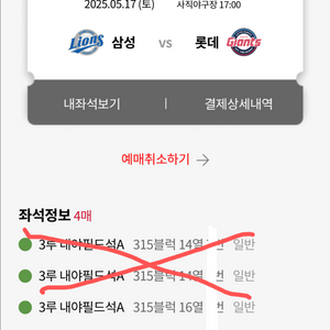 5/17 DH2 삼성롯데 3루 315블럭 2연석 판먀