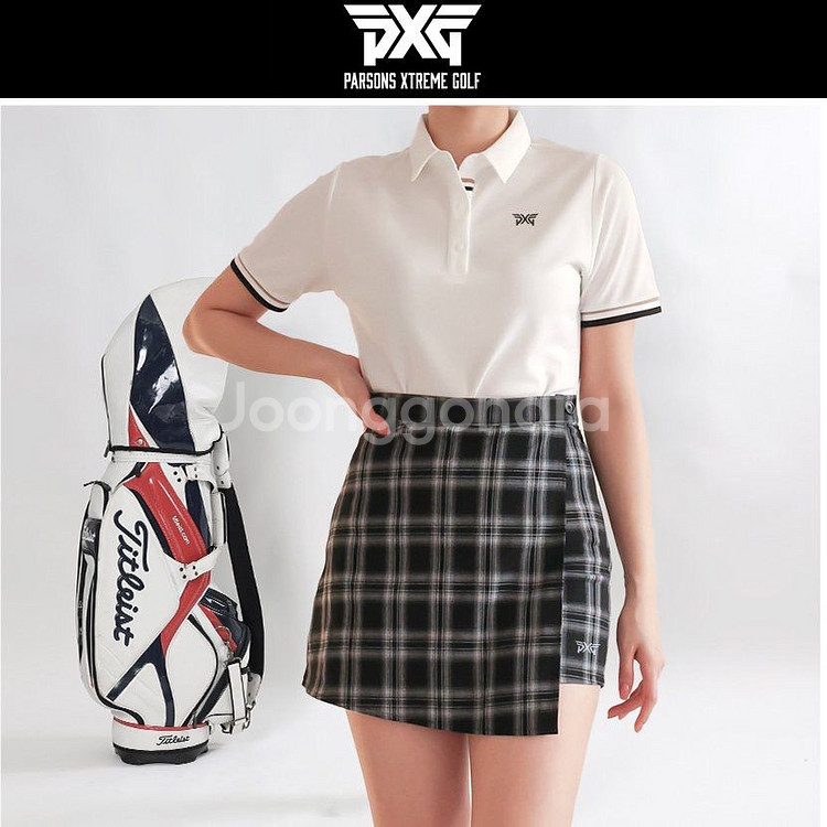 PXG 여성 골프웨어 삼선 카라 코튼 로고자수 반팔티--4