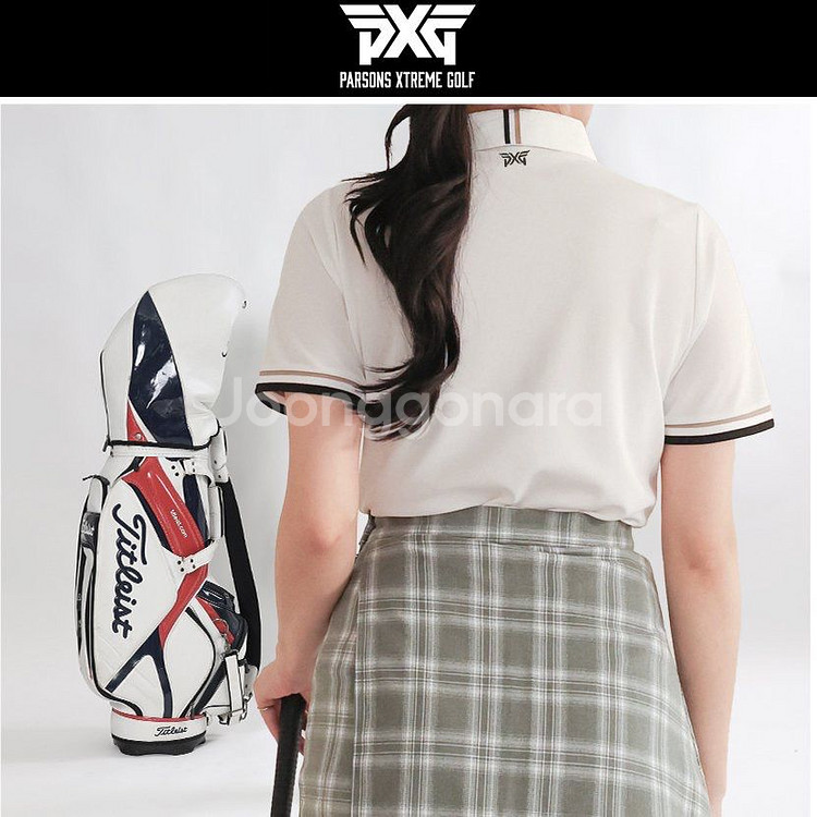 PXG 여성 골프웨어 삼선 카라 코튼 로고자수 반팔티--3