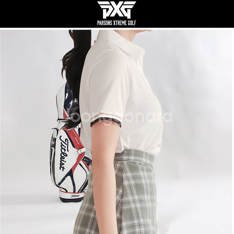 PXG 여성 골프웨어 삼선 카라 코튼 로고자수 반팔티--2