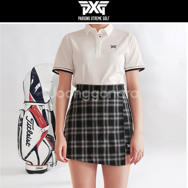 PXG 여성 골프웨어 삼선 카라 코튼 로고자수 반팔티--5