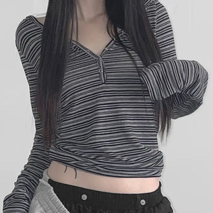 여성 옷 스트라이프 크롭 긴팔 티셔츠
