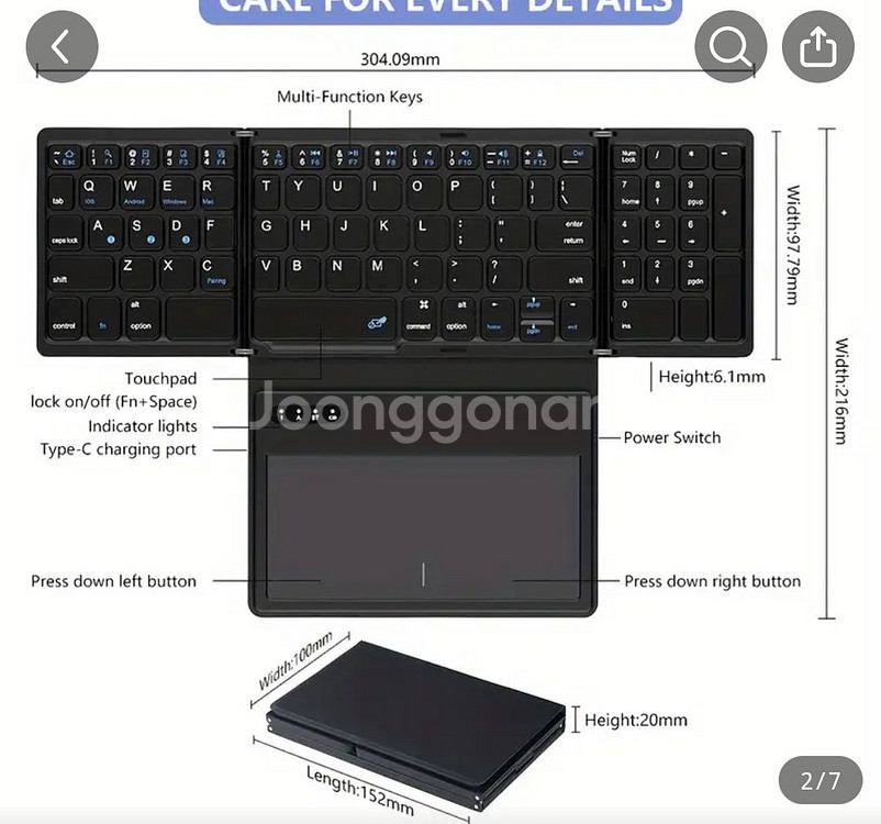 (무료배송)터치패드가 있는 휴대용 무선 키보드, 충전식--5