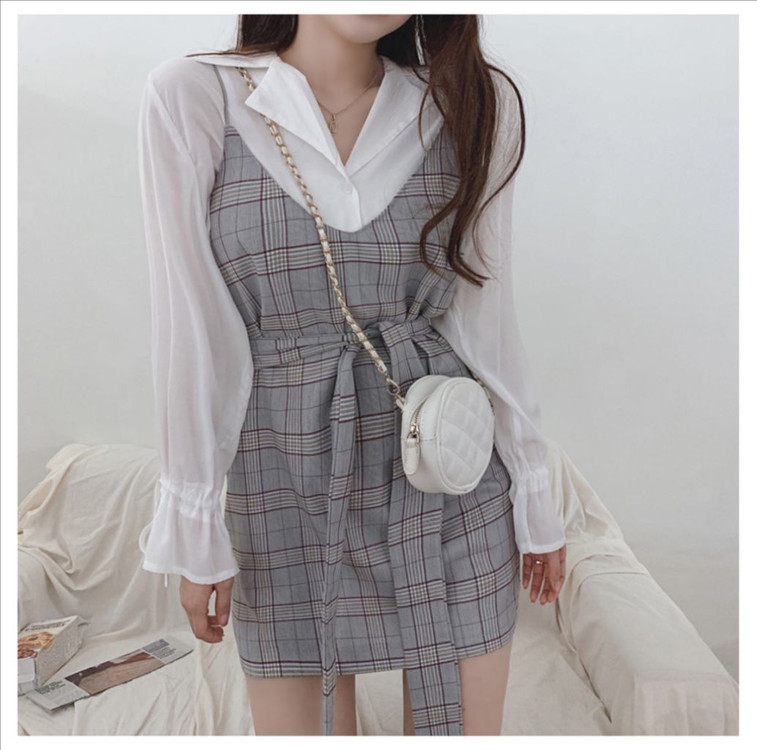 체크 끈 뷔스티에 미니 원피스_피치모어 이미지