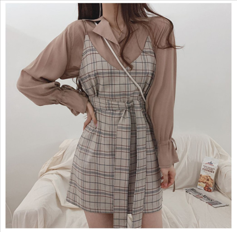 체크 끈 뷔스티에 미니 원피스_피치모어 이미지