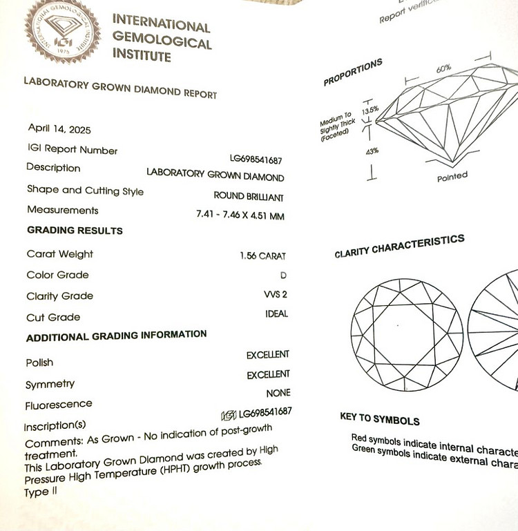 IGI 랩그로운다이아몬드(랩다이아)1.56ct, 나석,--3