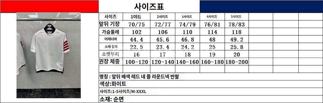 톰브라운 4바 사선 배색 레드 라운드넥 반팔--5