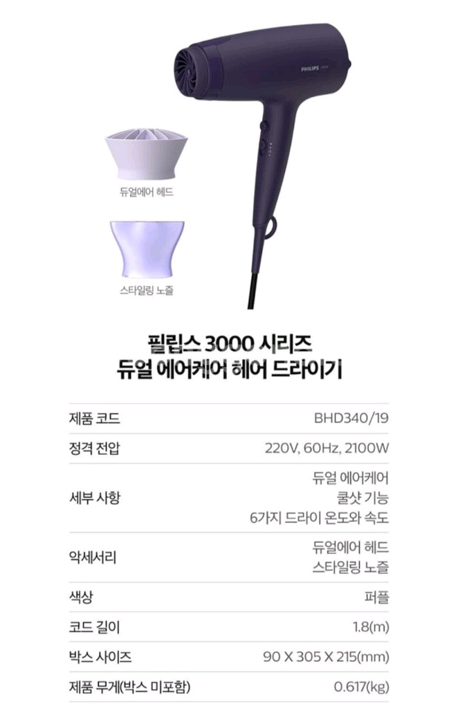 필립스 헤어 드라이기 BHD340 (새상품)--5