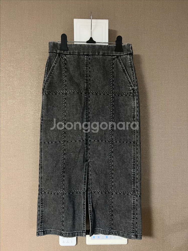 한섬 랑방컬렉션 체크 데님 스커트 청 펜슬 롱치마--3
