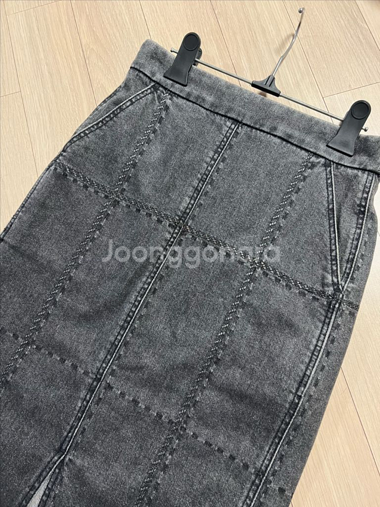 한섬 랑방컬렉션 체크 데님 스커트 청 펜슬 롱치마--5