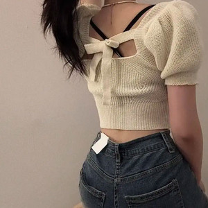 에이블리 뒷리본 반팔크롭니트 퍼프 옷