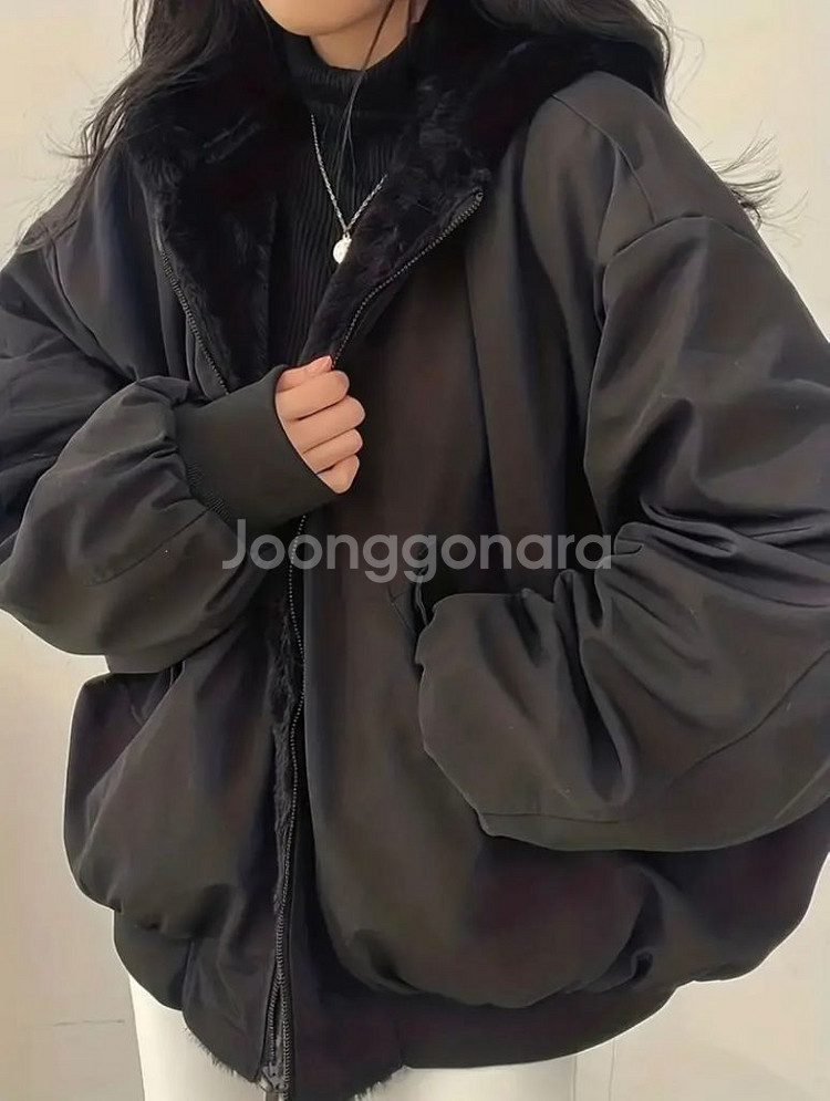 리버서블 양털 후드 집업 자켓 아우터 블랙--0